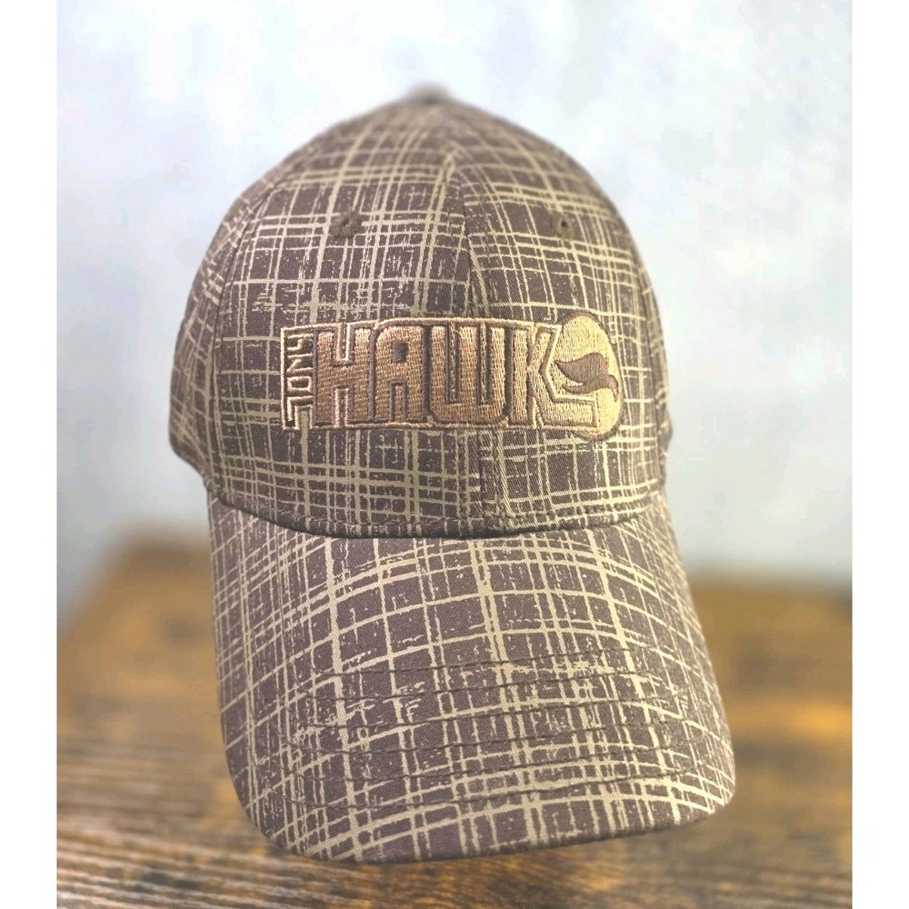 Tony Hawk Fitted Baseball Cap Hat Brown And Bronze Plaid Skateboarder Stretch